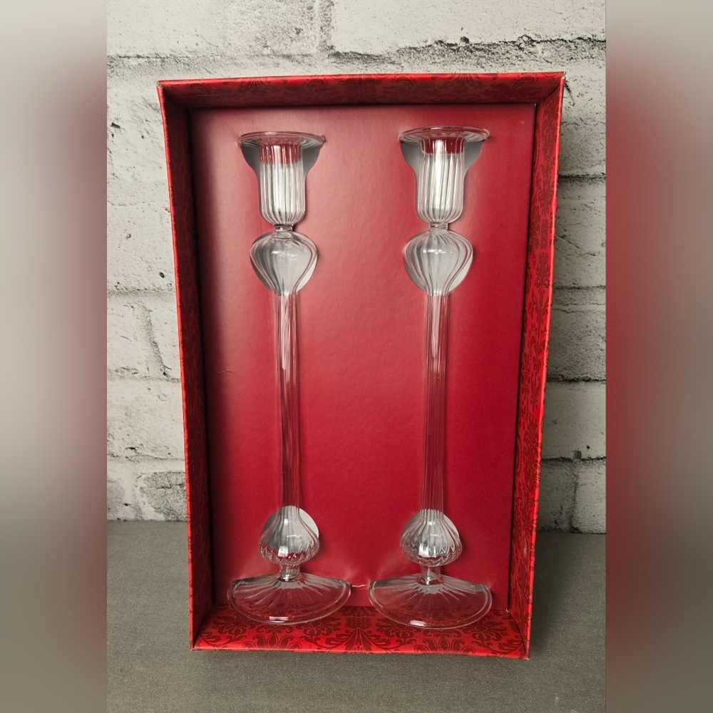 PC Y2K Ribbed Glass Candlesticks Set 12 Inch Clear Retro Table Decor